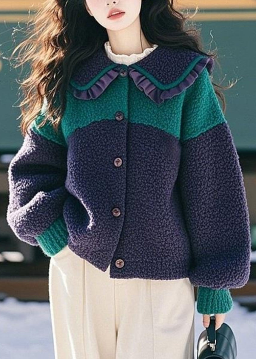 Fashion Navy Peter Pan Collar Ruffled Button Faux Fur Coat Spring TN044