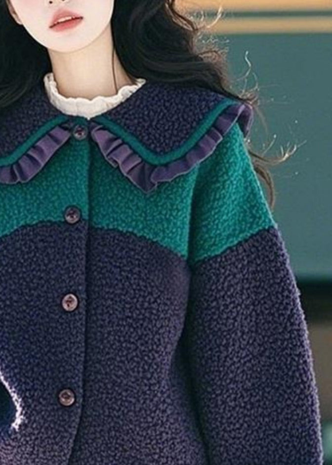 Fashion Navy Peter Pan Collar Ruffled Button Faux Fur Coat Spring TN044