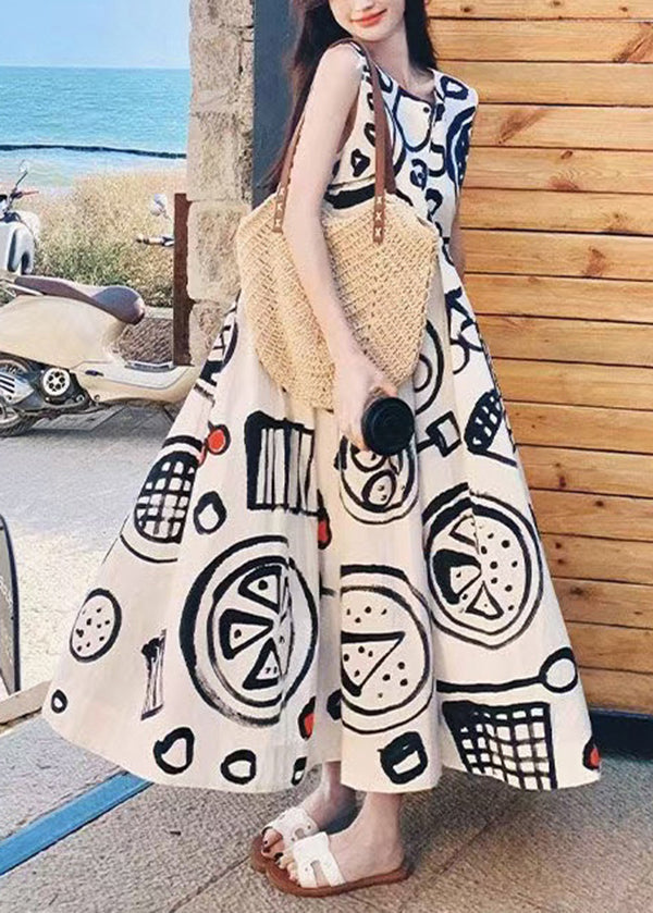 Dress Print O Neck Cotton Graffiti Fashion Sleeveless Long