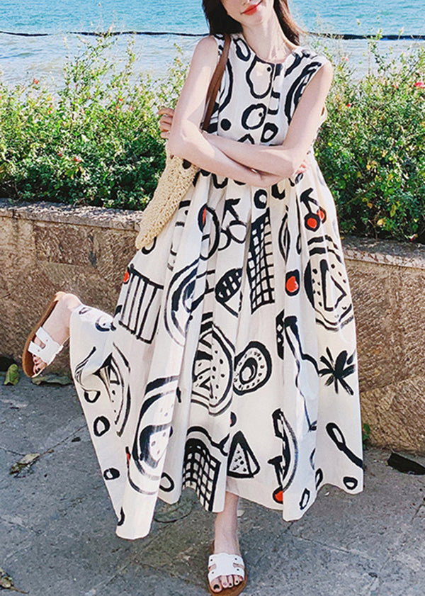Dress Print O Neck Cotton Graffiti Fashion Sleeveless Long
