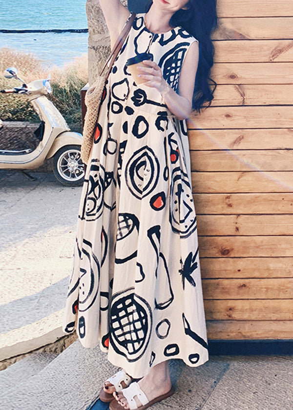 Dress Print O Neck Cotton Graffiti Fashion Sleeveless Long