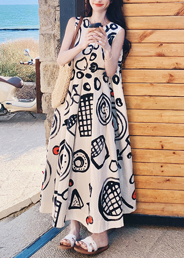 Dress Print O Neck Cotton Graffiti Fashion Sleeveless Long