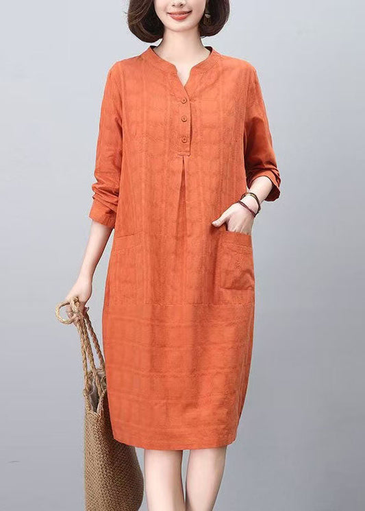 Orange Mid Spring Cotton Fashion Stand Collar Dresses