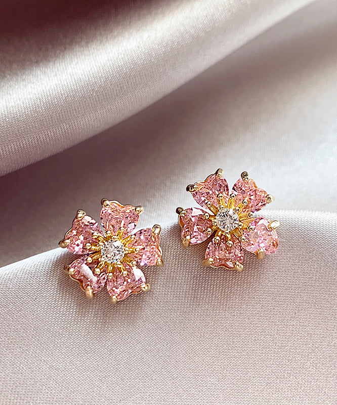 Fashion Pink Copper Alloy Zircon Floral Stud Earrings WH029