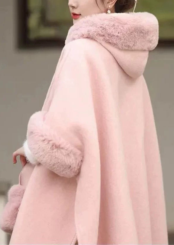 Fashion Pink Fur Collar Tassel Hooded Woolen Coat Fall WO041