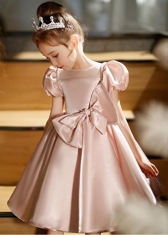 Fashion Pink O-Neck Bow Girls Silk Mid Dresses Puff Sleeve QV012