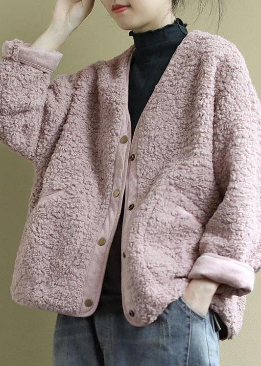 Fashion Pink Pockets Button Casual Fall Winter Thick Coats Long sleeve QS043