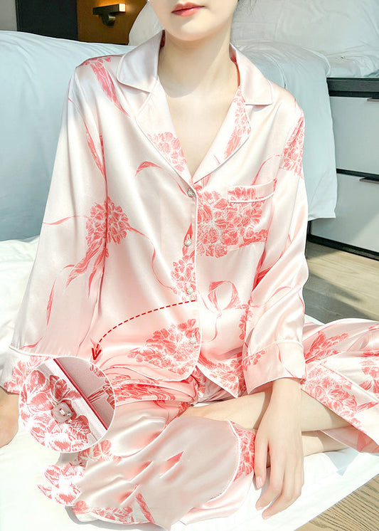 Fashion Pink Print Silk Shirts And Straight Pants Two Pieces Set Long Sleeve XS10301