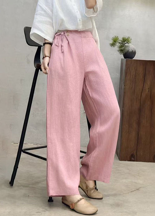 Pink Tie Pants Waist Linen Fashion Summer Side