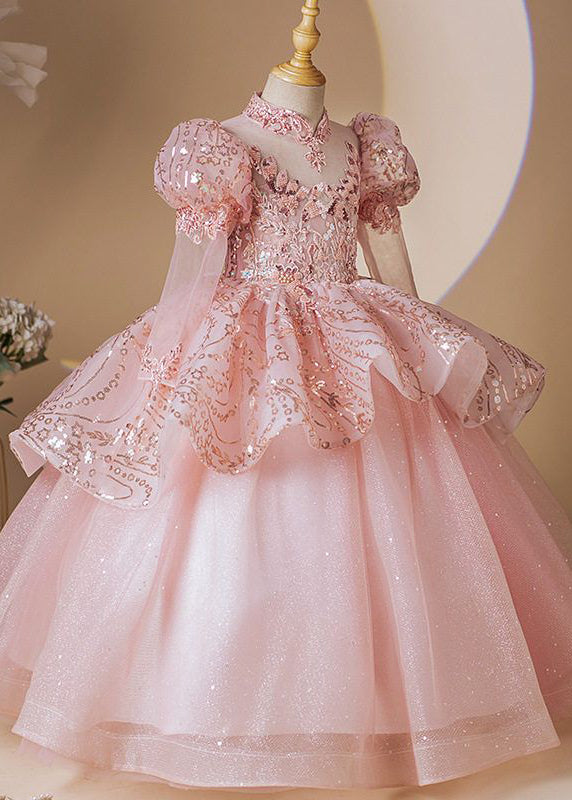Fashion Pink Stand Collar Patchwork Tulle Girls Long Dress Long Sleeve YG010