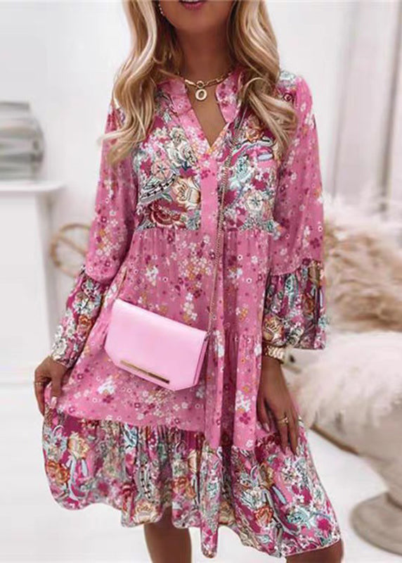 Pink V Mid Fashion Print Wrinkled Dresses Fall Neck