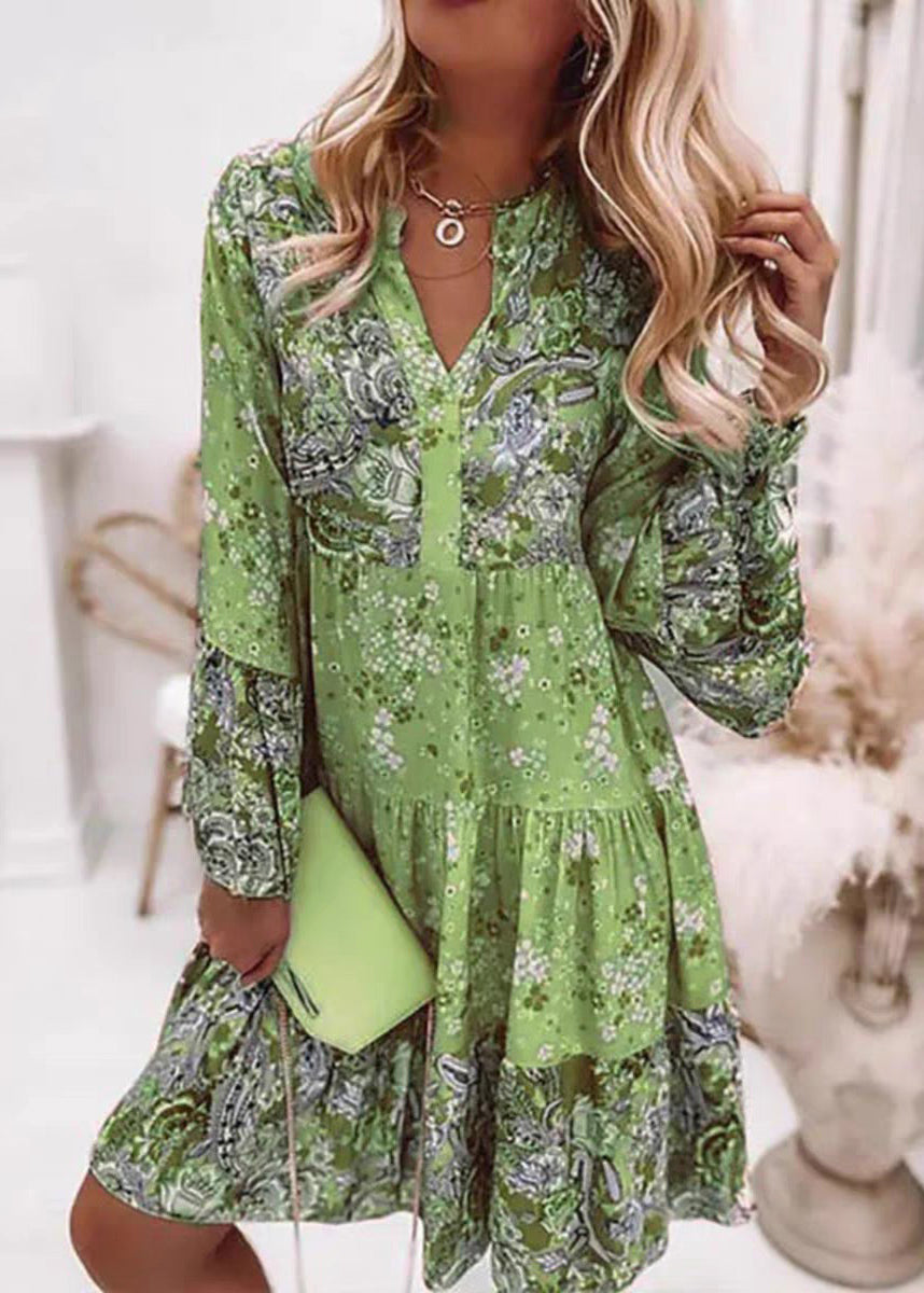 Pink V Mid Fashion Print Wrinkled Dresses Fall Neck