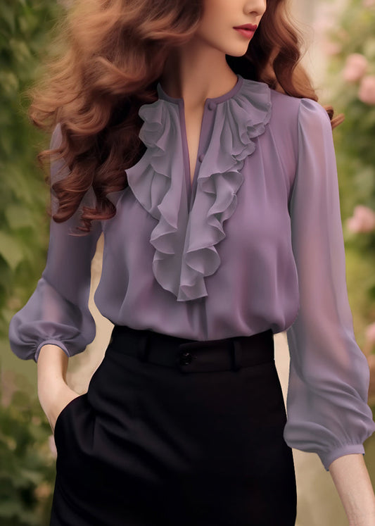 Purple Chiffon Bracelet Solid Ruffled Fashion Sleeve Shirt