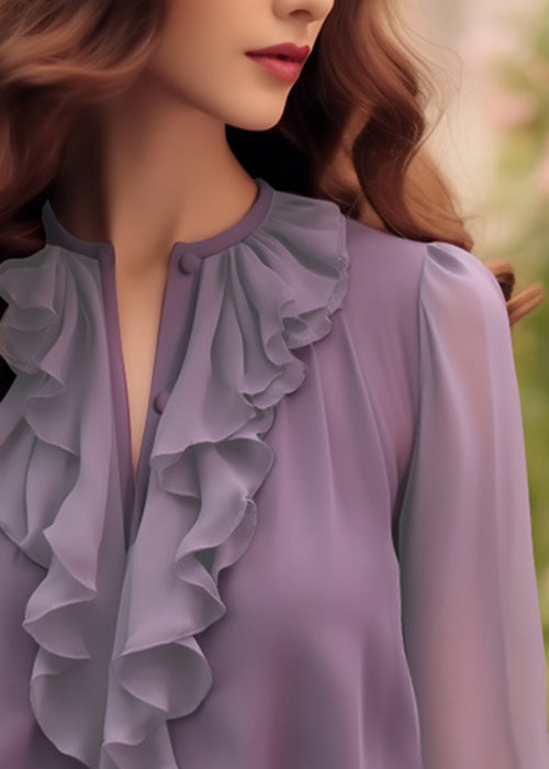 Purple Chiffon Bracelet Solid Ruffled Fashion Sleeve Shirt