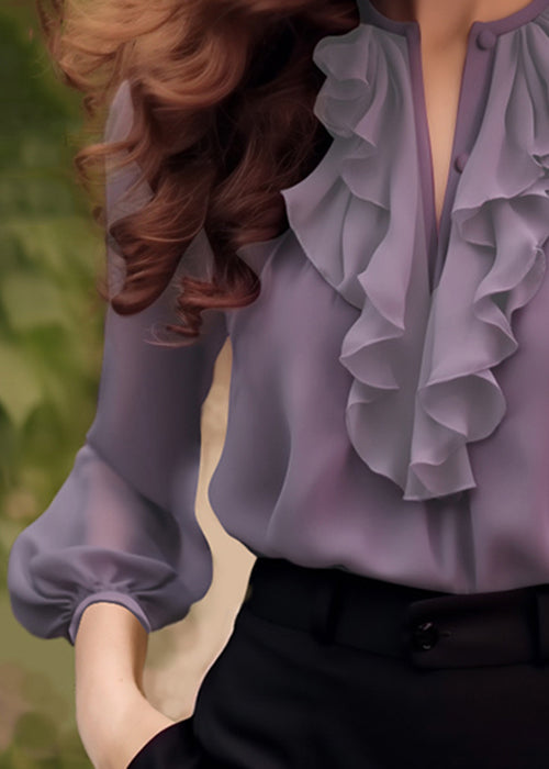 Purple Chiffon Bracelet Solid Ruffled Fashion Sleeve Shirt