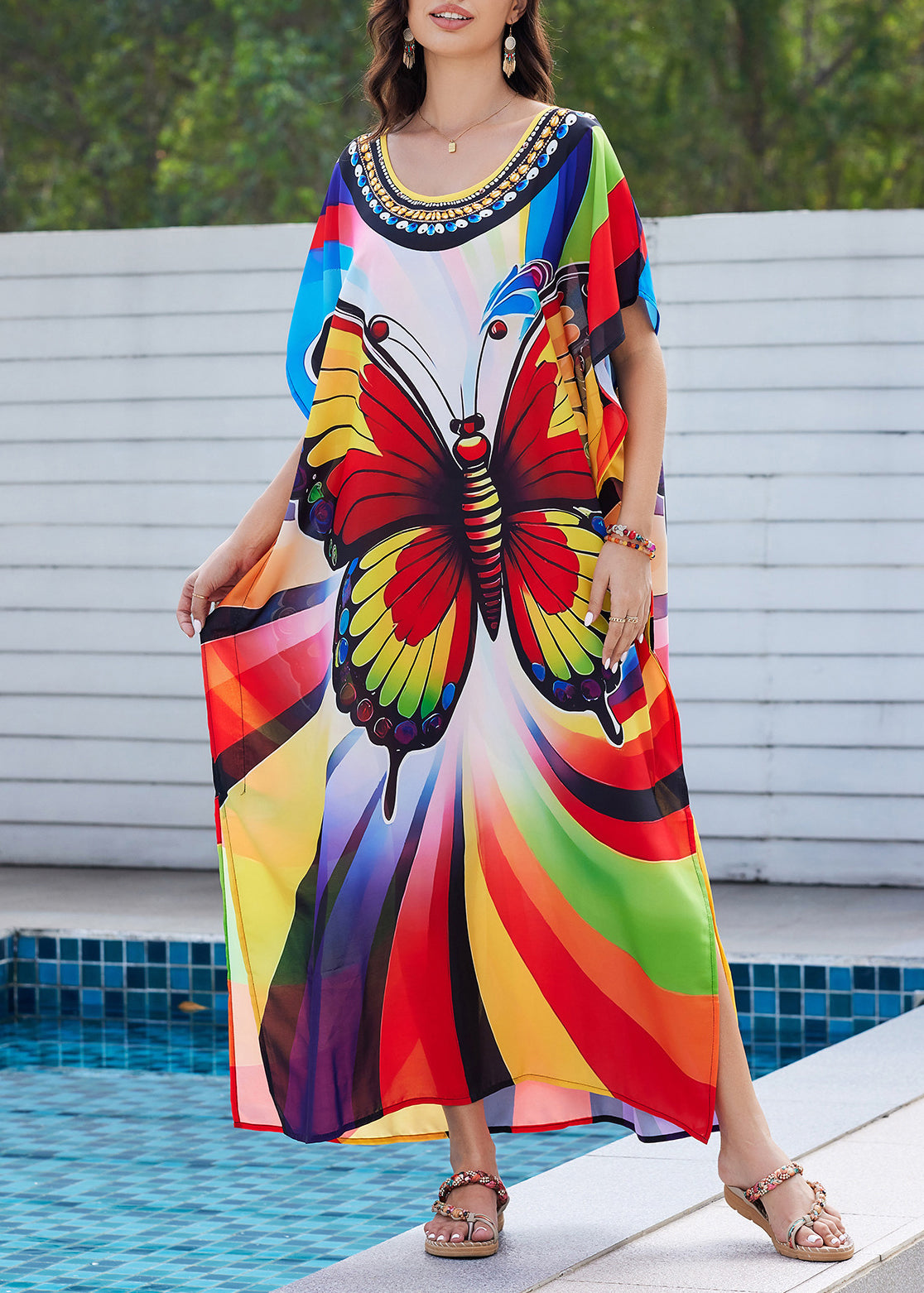 Summer Maxi Open Dress Side Fashion Print Butterfly Rainbow