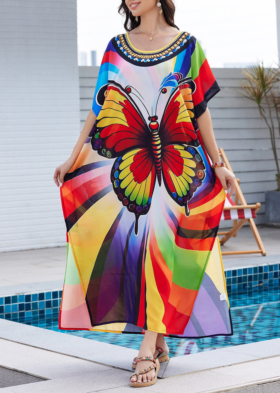 Summer Maxi Open Dress Side Fashion Print Butterfly Rainbow