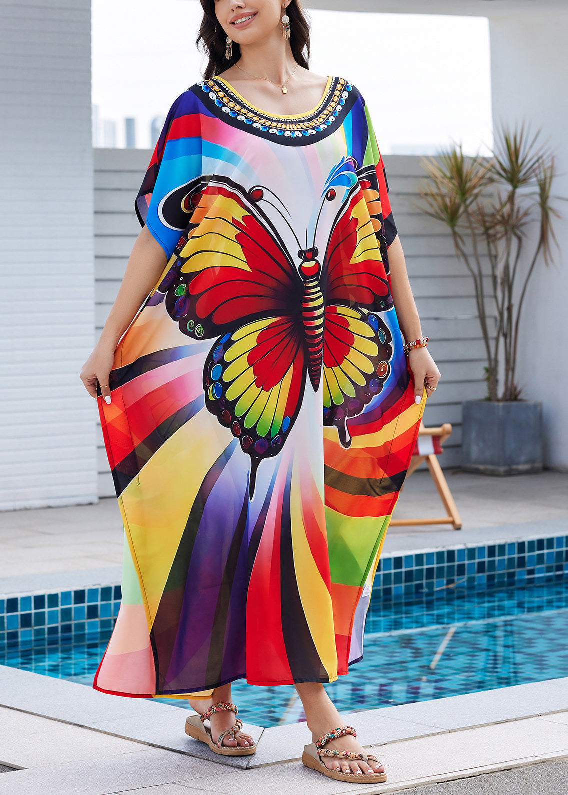 Summer Maxi Open Dress Side Fashion Print Butterfly Rainbow