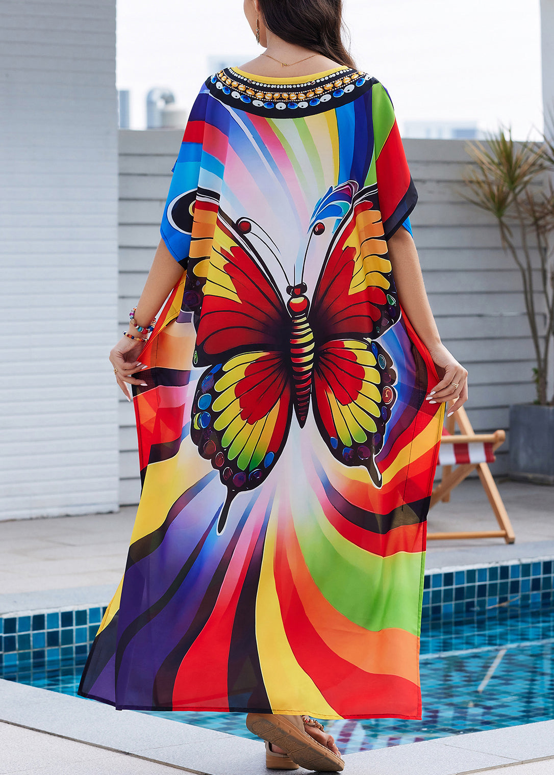 Summer Maxi Open Dress Side Fashion Print Butterfly Rainbow