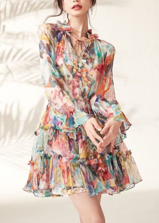 Fashion Rainbow Print Ruffled Lace Tie Mid Dresses Spring UU1048