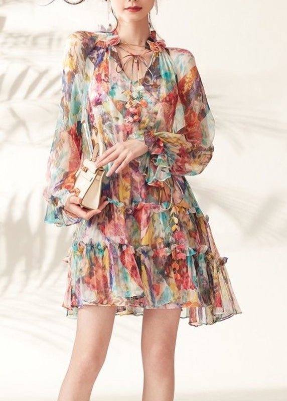 Fashion Rainbow Print Ruffled Lace Tie Mid Dresses Spring UU1048