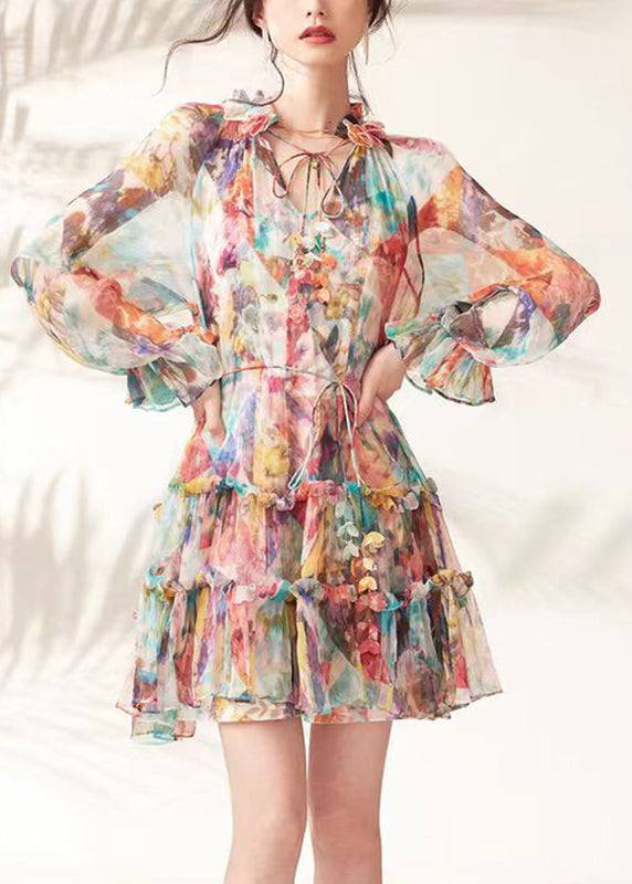 Fashion Rainbow Print Ruffled Lace Tie Mid Dresses Spring UU1048