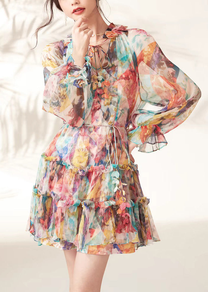 Fashion Rainbow Print Ruffled Lace Tie Mid Dresses Spring UU1048