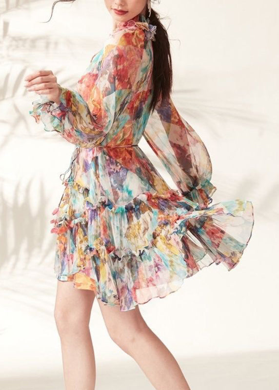 Fashion Rainbow Print Ruffled Lace Tie Mid Dresses Spring UU1048