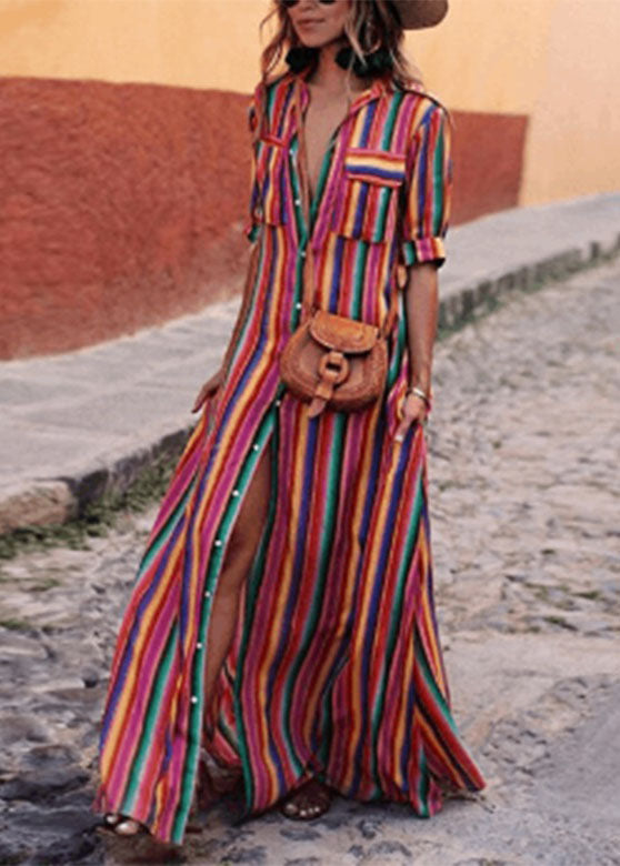 Fashion Rainbow Striped Button Tie Waist Maxi Shirts Dresses Summer VB1040