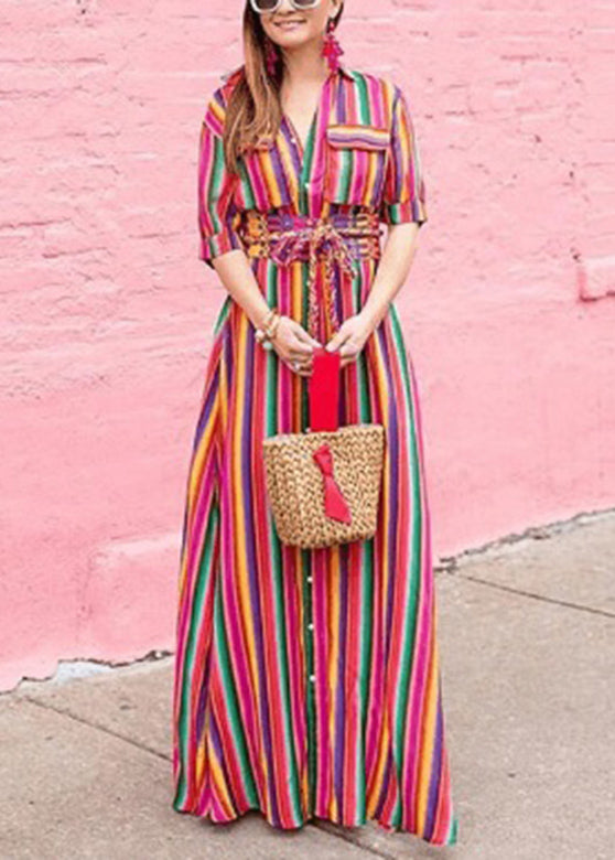 Fashion Rainbow Striped Button Tie Waist Maxi Shirts Dresses Summer VB1040