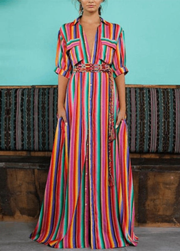 Fashion Rainbow Striped Button Tie Waist Maxi Shirts Dresses Summer VB1040