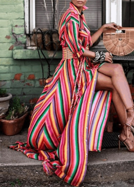 Fashion Rainbow Striped Button Tie Waist Maxi Shirts Dresses Summer VB1040