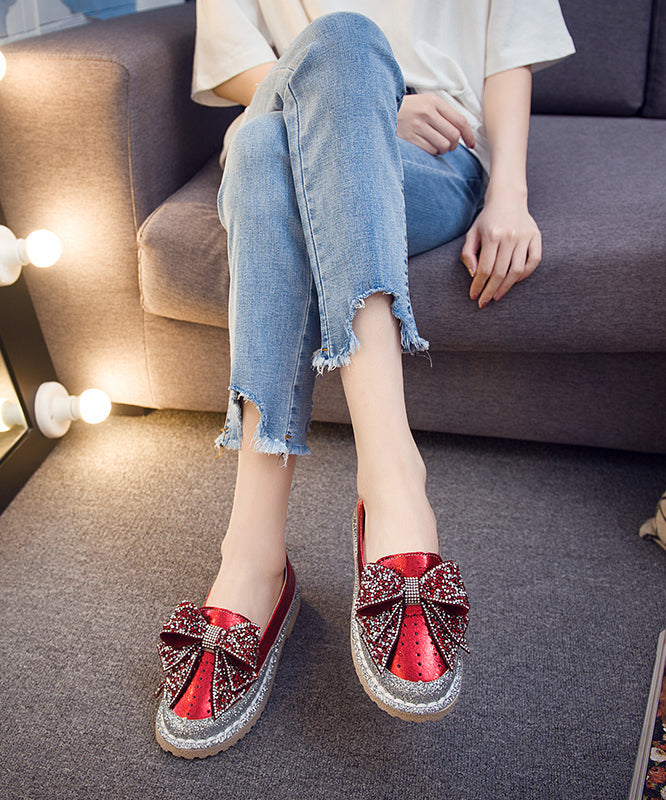 Loafers Splicing Fashion Red Bow Penny Zircon