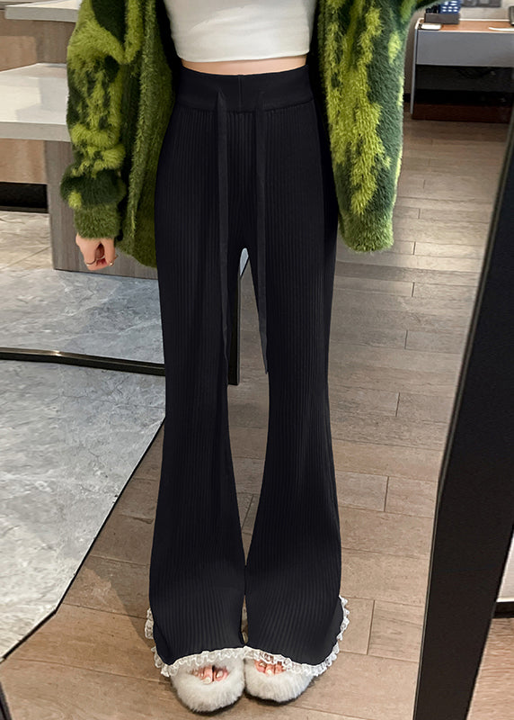 Fashion Red Drawstring Lace Patchwork Knit Flared Trousers Spring TN028