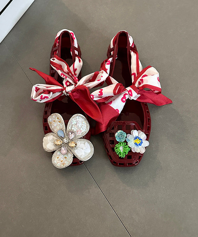 Flats Out Flower Hollow Shoes Fashion Red Square Toe