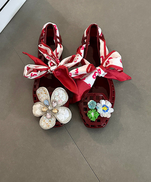 Flats Out Flower Hollow Shoes Fashion Red Square Toe