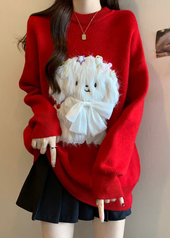 Fashion Red O Neck Dogs Loose Knit Sweaters Spring TN032