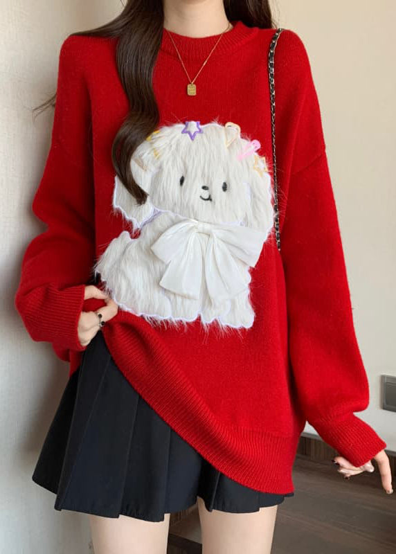 Fashion Red O Neck Dogs Loose Knit Sweaters Spring TN032