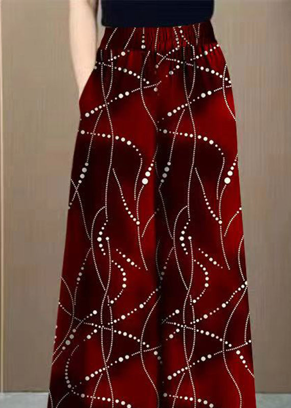 Waist Print Fashion Red Wide Draping Pants Silk High Ice Leg