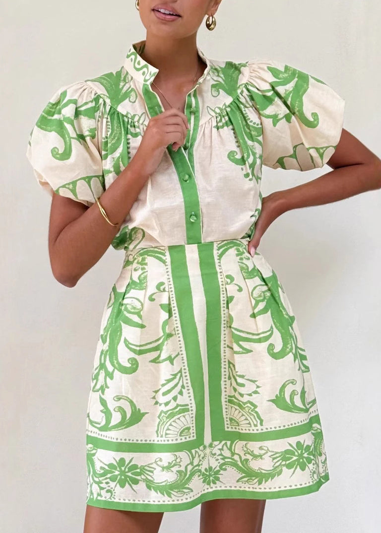 Stand Print And Collar Set Pieces Red Fashion Two Shirts Skirts