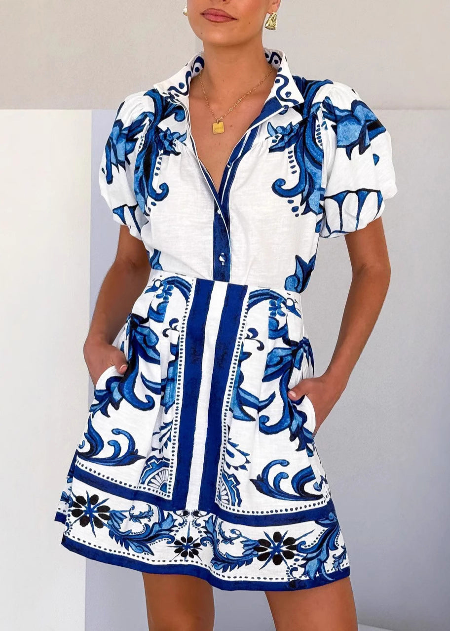 Stand Print And Collar Set Pieces Red Fashion Two Shirts Skirts