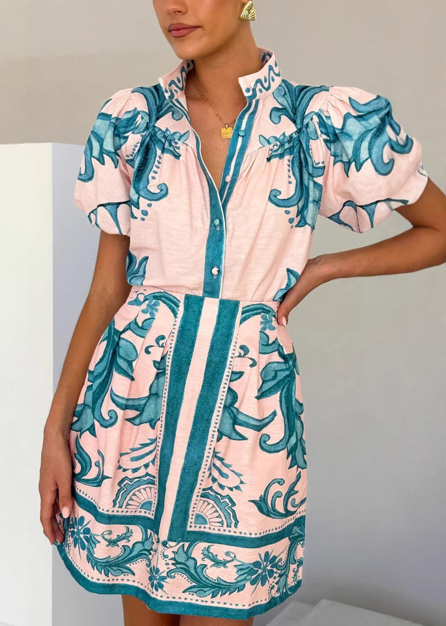 Stand Print And Collar Set Pieces Red Fashion Two Shirts Skirts