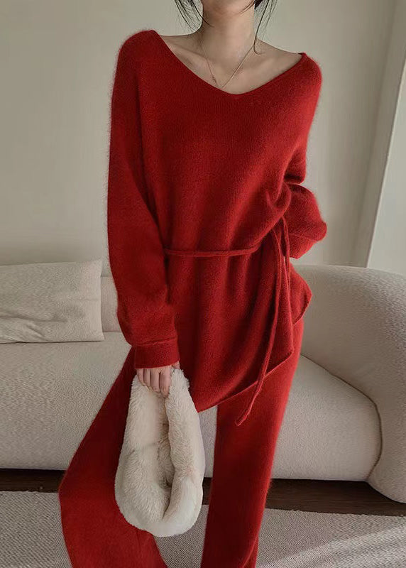 Fashion Red Sweaters And Pants Knit 2 Piece Outfit Fall WO031