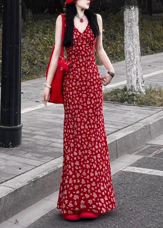 V Neck Dress Print Sleeveless Maxi Red Fashion