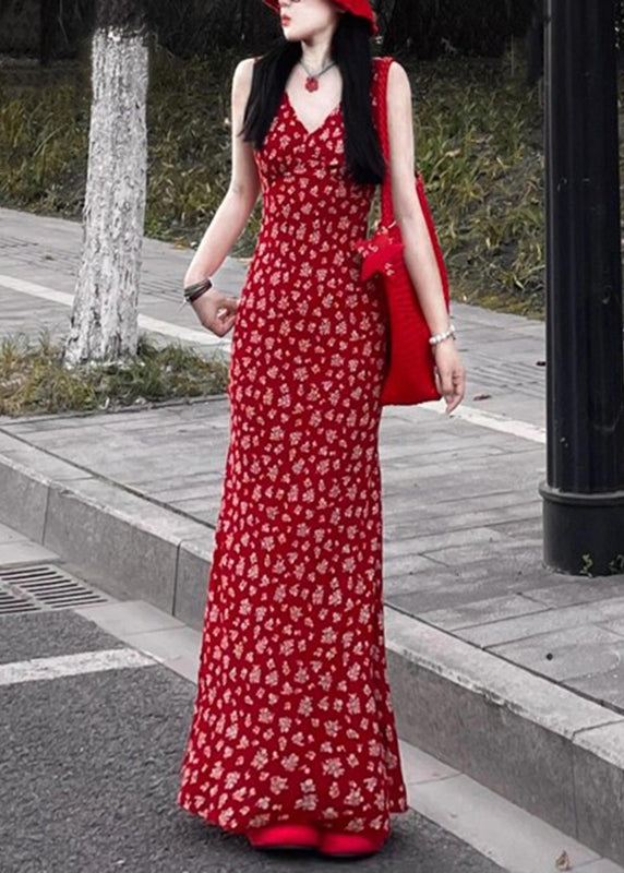 V Neck Dress Print Sleeveless Maxi Red Fashion