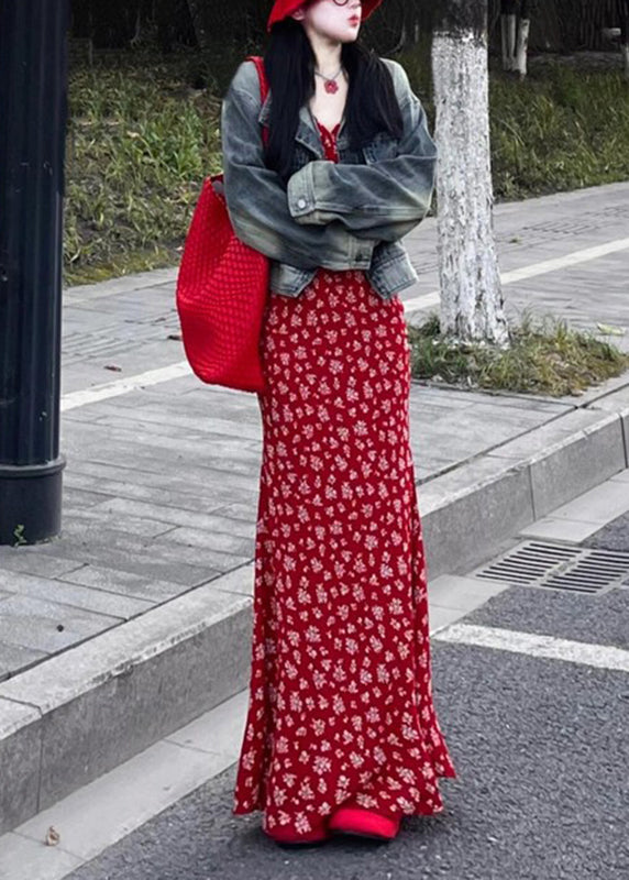 V Neck Dress Print Sleeveless Maxi Red Fashion