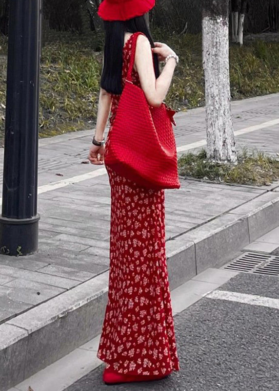 V Neck Dress Print Sleeveless Maxi Red Fashion