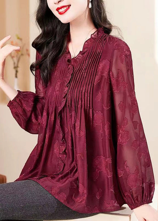 Fashion Red V Neck Ruffled Chiffon Shirt Long Sleeve OP1065