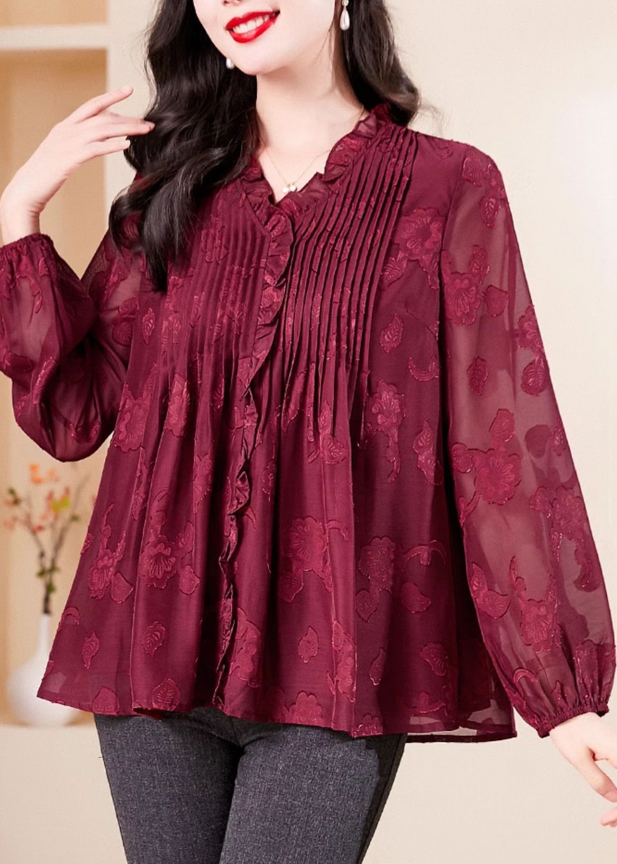 Fashion Red V Neck Ruffled Chiffon Shirt Long Sleeve OP1065