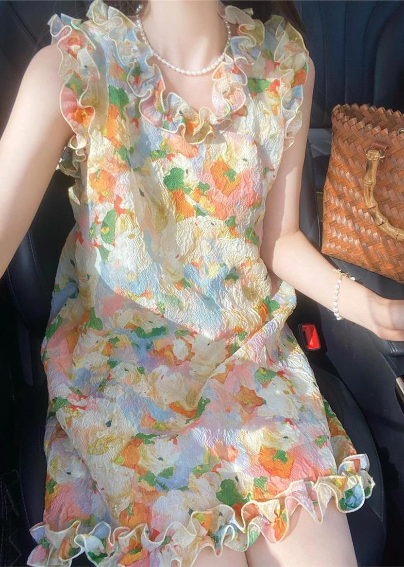 Fashion Ruffled Print Mid Dresses Sleeveless UU1009